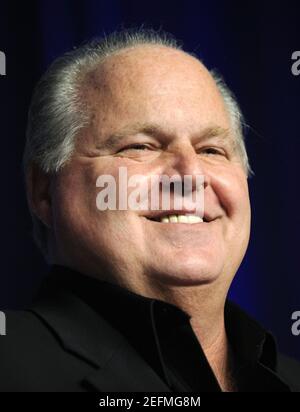 Washington, United States. 17th Feb, 2021. Conservative radio host and commentator Rush Limbaugh, seen in this February 2009 file photo speaking at the Conservative Political Action Conference in Washington, DC, has died at the age of 70, Wednesday, February 17, 2021. Limbaugh died after a year long struggle with lung cancer. File Photo by Alexis C. Glenn/UPI Credit: UPI/Alamy Live News Stock Photo