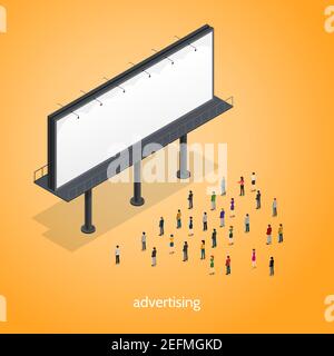 Advertising isometric concept with people on orange background isometric vector illustration Stock Vector