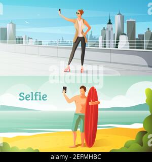 Selfie photo modern people lifestyle compositions set with woman in urban scenery and man on seashore vector illustration Stock Vector