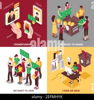 Online crowdfunding and creative volunteers isometric 2x2 design concept isolated on colorful backgrounds vector illustration Stock Vector