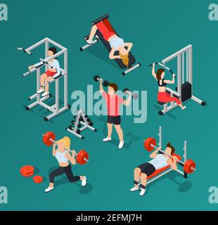 Isolated isometric gym people icon set with Men and women at workout vector illustration Stock Vector