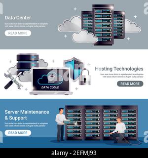 Three horizontal datacenter horizontal banner set with data center hosting technologies server maintenance support descriptions vector illustration Stock Vector