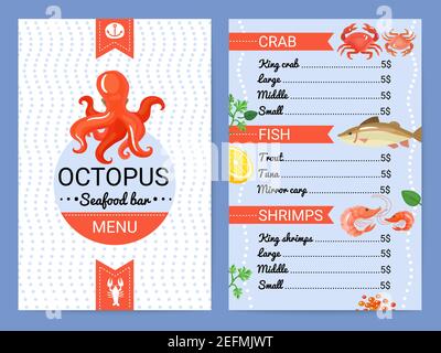 Octopus seafood restaurant bar menu card with crab fish shrimps dishes flat advertisement poster vector illustration Stock Vector