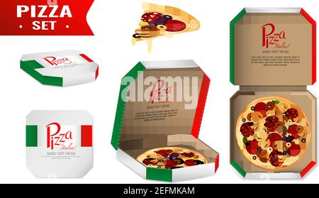 Realistic set with pizza for sale in cardboard box in colors of italian flag isolated vector illustration Stock Vector