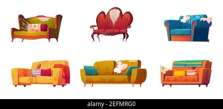 Old dirty couches with torn upholstery and sticking springs. Vector cartoon set of broken furniture for living room, old sofas with pillows and spiderweb isolated on white background Stock Vector