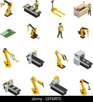 Electronics factory isometric elements with robotic machinery and conveyor of release product isolated decorative symbols vector illustration Stock Vector