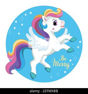 Cute cartoon character unicorn with rainbow mane and wings. Vector illustration. For postcard, posters, nursery design, greeting card,stickers,room de Stock Vector