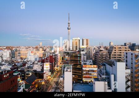 Tokyo, Japan - Jan 19 2016: Tokyo Skytree and the  Asakusa district in Tokyo. Tokyo Skytree, Kaminarimon, Asakusa Culture Tourist Information Center. Stock Photo