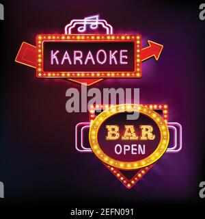 Retro light sight set with karaoke bar isolated on dark background vector illustration Stock Vector