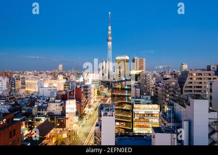 Tokyo, Japan - Jan 19 2016: Tokyo Skytree and the  Asakusa district in Tokyo. Tokyo Skytree, Kaminarimon, Asakusa Culture Tourist Information Center. Stock Photo