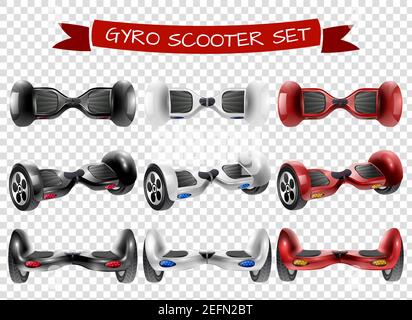 Realistic self-balancing gyro two-wheeled board scooter or hoverboard 3 colorful sets transparent background vector illustration Stock Vector