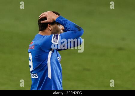Genk's Cyriel Dessers reacts during a soccer match between KV Oostende and KRC Genk, Wednesday 17 February 2021 in Oostende, a postponed game of day 2 Stock Photo