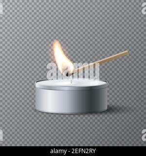 Match igniting tea candle wick. Wooden match burning, grey round candle with wax. Abstract realistic vector illustration. Candlelight on tea candle on Stock Vector