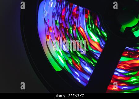 Сoiled LED strip lights, close up photo with selective focus Stock Photo