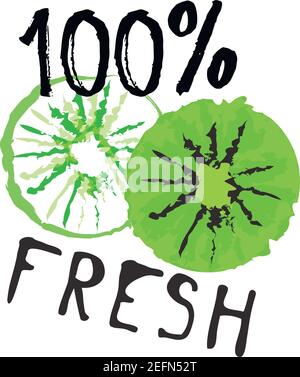 Kiwi fruit label and sticker - 100% Fresh. Vector illustration in watercolor style, for graphic and web design Stock Vector