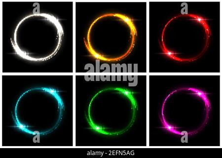 Glowing neon circles set. Silver, orange, red, blue, green, pink round electric light frames with sparkles on black background. Geometric fashion desi Stock Vector