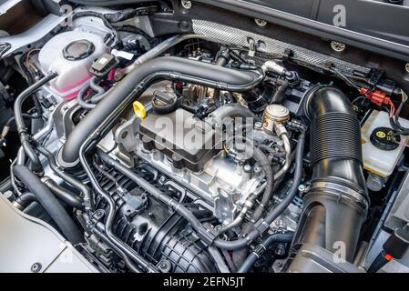 High angle view of a modern petrol car engine Stock Photo