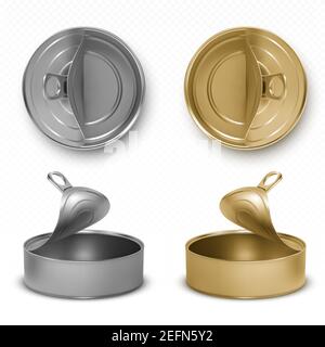 Open tin cans, fish or pet food mockup with pull ring top and front view. Empty gray and yellow canned round open key metal jars, isolated aluminium preserve canisters, Realistic 3d vector icons set Stock Vector