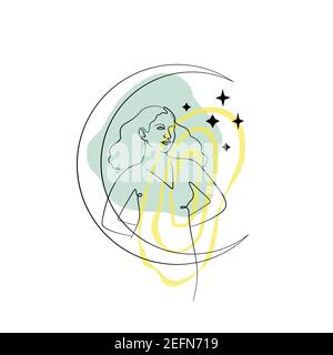 Single line drawing of woman portrait with moon and stars on abstract geometric neutral background Stock Vector