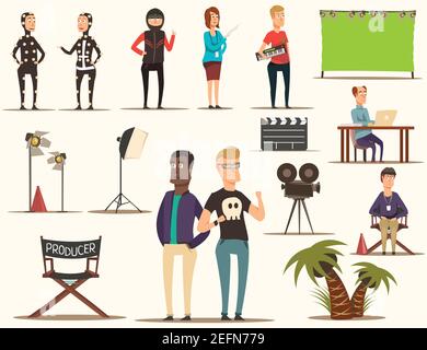 Movie making set of flat doodle filmmaking shooting team characters pieces of theatrical scenery lighting equipment vector illustration Stock Vector
