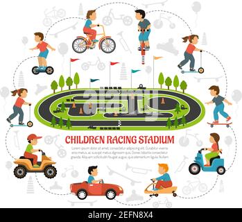 Transport children background with sports area scenery flat images of kids and toys silhouettes with text vector illustration Stock Vector