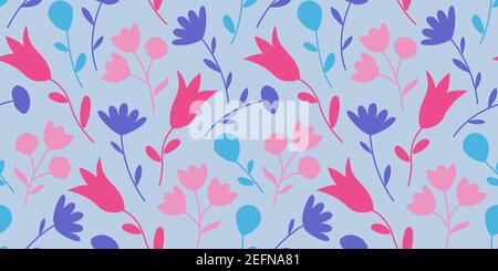Vector colorful seamless pattern with hand drawn flowers and tulips. Beautiful floral background. Modern texture. Stock Vector
