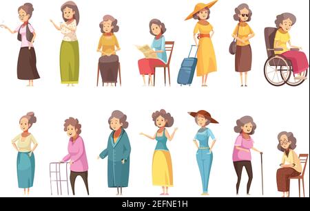Senior woman disable old citizens with walking cane retro cartoon icons 2 banners set isolated vector illustration Stock Vector