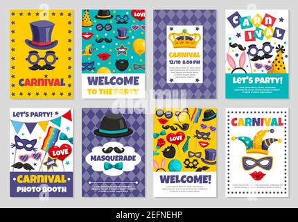 Flat set of carnival photo booth party invitation banners with various accessories for masquerade isolated vector illustration Stock Vector