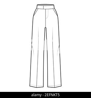 Pants tailored technical fashion illustration with extended normal waist, high rise, full length, slant slashed pockets. Flat trousers apparel template front, white color. Women men unisex CAD mockup Stock Vector