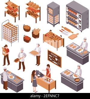 Bakery isometric icons set of working bakers shelves with products buyers and seller of fresh bread behind counter vector illustration Stock Vector