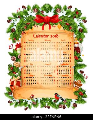 2018 calendar of Christmas winter holiday decoration, red ribbon bow or holly wreath garland and Santa gifts on paper scroll. Vector New Year snowflak Stock Vector