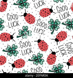 Good luck charms talisman seamless vector pattern. Ladybug, four-leaf clover, Good Luck lettering repeating hand drawn fortune background. Use for New Stock Vector