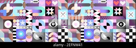 Abstract geometric seamless pattern. Multicolor gradient vector background with different shapes and elements. Stock Vector