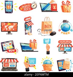 Online shopping e-commerce set of isolated conceptual images with electronic gadgets gift boxes and storefront vector illustration Stock Vector