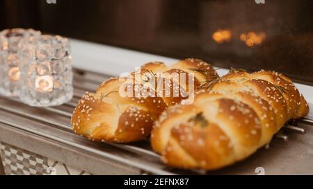 Freshly baked bread. Handmade white loaf of bread, bakery concept, homemade food, healthy eating. Banner. Stock Photo