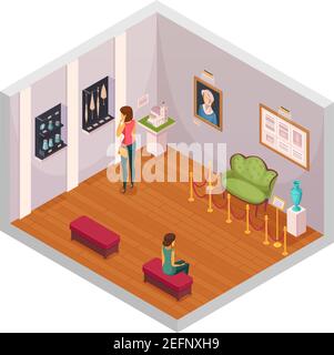 Exhibition isometric composition representing interior of museum hall with visitors exhibits of furniture and accessories vector illustration Stock Vector