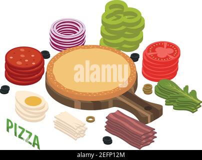 Pizza isometric composition including dough with sesame on cutting board, vegetables, egg, meat, mozzarella, arugula vector illustration Stock Vector