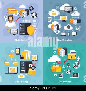 Hosting services concept icons set with data storage symbols flat isolated vector illustration Stock Vector
