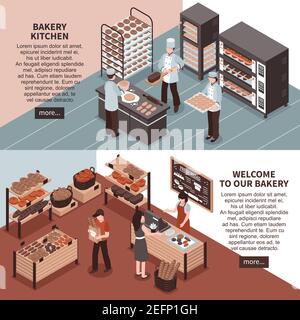 Bakery kitchen and bakery store isometric  horizontal banners with professional equipment cookers buyers and seller vector illustration Stock Vector