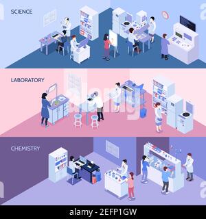 Set of horizontal isometric banners with people in science laboratory, during chemistry experiments isolated vector illustration Stock Vector