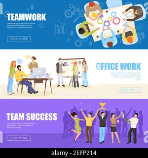 Teamwork horizontal banners set with office work symbols flat isolated vector illustration Stock Vector