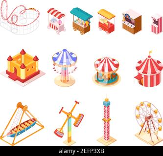 Amusement park isometric cartoon icons set with seesaw medieval castle ferris wheel circus tent popcorn and ice cream booths isolated vector illustrat Stock Vector