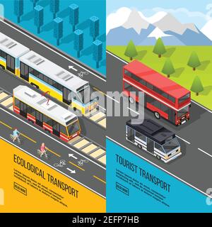 Set of two vertical transport banners with rail transport and suburban tourist buses with read more button vector illustration Stock Vector