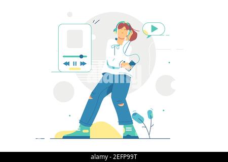 Girl listening to music in headset Stock Vector
