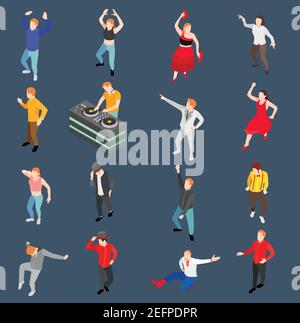 Dance isometric people collection with human characters performing in modern and traditional style with disc jockey vector illustration Stock Vector