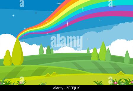 Beautiful Rainbow in Summer Nature Landscape Scenery Illustration Stock Vector