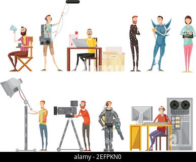 Set of making movie including actors director cameraman sound engineer lighting operator flat style isolated vector illustration Stock Vector