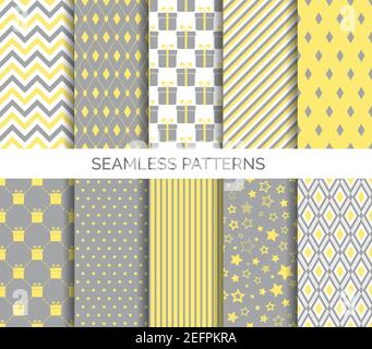 Set of minimal seamless patterns in yellow and gray colors of the 2021 year. Abstract geometric vector backgrounds Stock Vector