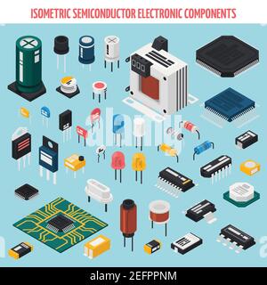Colored isolated semiconductor electronic components isometric icon set with motherboard chips and other elements vector illustration Stock Vector