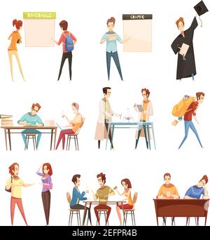 Set of students near timetable, during laboratory work, eating, with diploma retro cartoon style isolated vector illustration Stock Vector